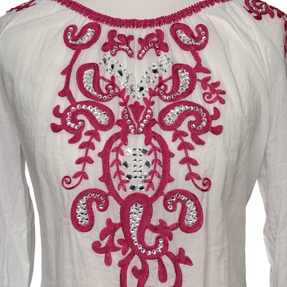CHICO'S Anelle Blouse 3/4 sleeves Embroidered Embellished White Fuchsia Like new - Picture 8 of 16